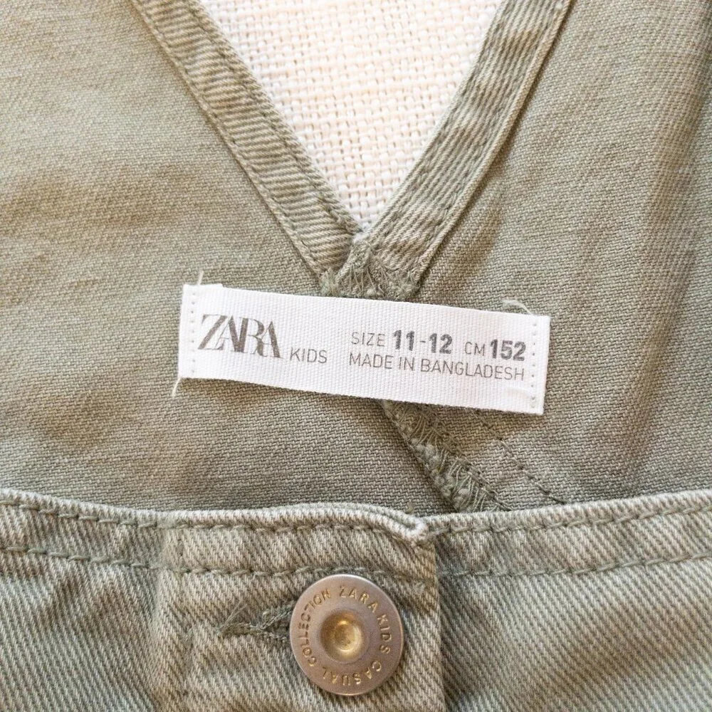 ZARA Kids Olive Green Overall Dress Size 11-12 Button Front Cotton Utility